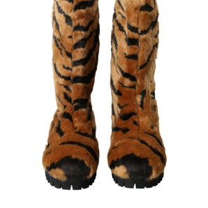 Dolce & Gabbana Brown Tiger Fur Leather Mid Calf Boots Shoes