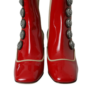 Dolce & Gabbana Red Beige Leather Embellished Mid Calf Boots Shoes