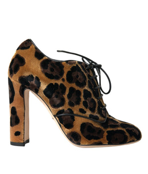 Dolce &amp; Gabbana Brown Leopard Hair Lace Up Booties Shoes