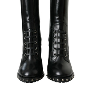 Dolce & Gabbana Black Leather Studded Lace Up Boots Shoes