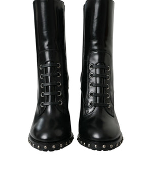 Dolce & Gabbana Black Leather Studded Lace Up Boots Shoes
