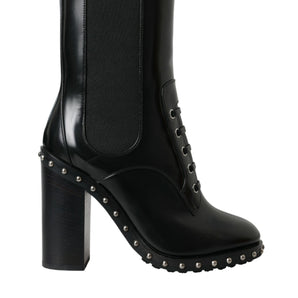 Dolce & Gabbana Black Leather Studded Lace Up Boots Shoes