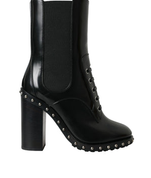 Dolce & Gabbana Black Leather Studded Lace Up Boots Shoes
