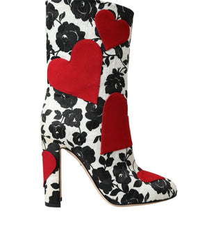 Dolce &amp; Gabbana White Floral Hearts Leather High Boots Shoes