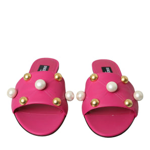 Dolce & Gabbana Pink Embellished Leather Flats Sandals Shoes