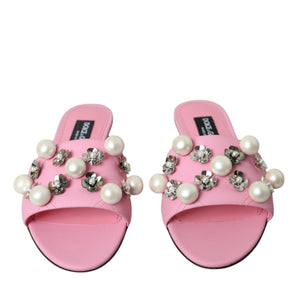 Dolce & Gabbana Pink Embellished Leather Flats Sandals Shoes