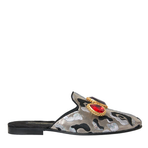 Dolce & Gabbana Gray Jacquard Crystal Mule Flat Sandals Shoes