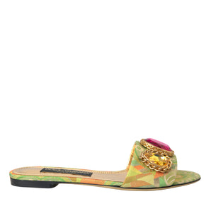 Dolce & Gabbana Green Crystal Jacquard Flats Sandals Shoes