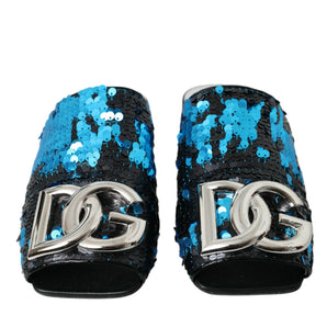 Dolce & Gabbana Blue Sequin Logo Slides Sandals Shoes