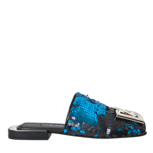 Dolce & Gabbana Blue Sequin Logo Slides Sandals Shoes