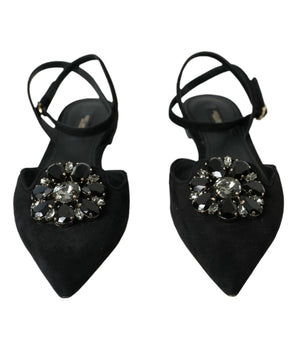 Dolce & Gabbana Black Leather Crystal Slingback Sandals Shoes