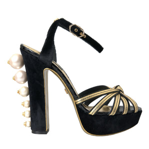 Dolce & Gabbana Black Gold Embellished Heels Sandals Shoes