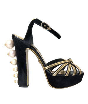 Dolce & Gabbana Black Gold Embellished Heels Sandals Shoes