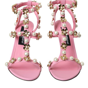 Dolce & Gabbana Pink Leather Embellished Heels Sandals Shoes