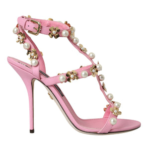 Dolce & Gabbana Pink Leather Embellished Heels Sandals Shoes