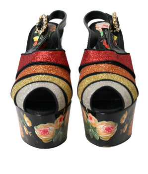 Dolce &amp; Gabbana Multicolor Floral Crystal Platform Sandals Shoes