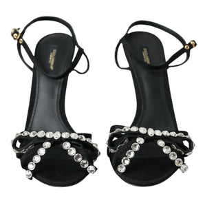 Dolce & Gabbana Black Viscose Crystal Bow Heels Sandals Shoes