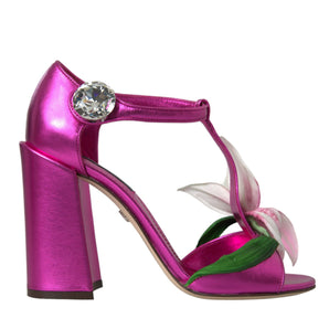 Dolce & Gabbana Pink Leather Crystals Floral Sandals Shoes