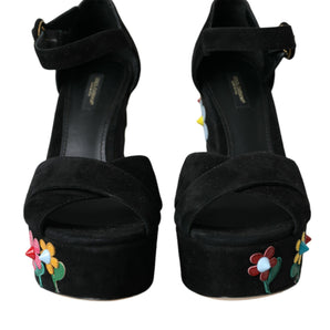 Dolce & Gabbana Black Floral Ankle Strap Heels Sandals Shoes