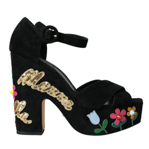 Dolce & Gabbana Black Floral Ankle Strap Heels Sandals Shoes