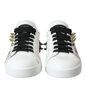 Dolce & Gabbana White Leather Crystal Roses Floral Sneakers Shoes