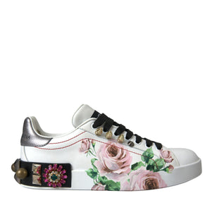 Dolce & Gabbana White Leather Crystal Roses Floral Sneakers Shoes