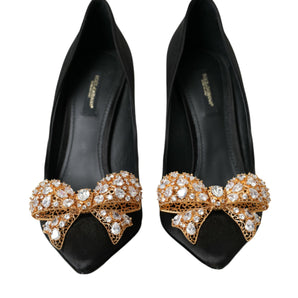 Dolce & Gabbana Black Satin Bow Crystal Heels Pumps Shoes