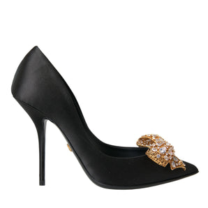 Dolce & Gabbana Black Satin Bow Crystal Heels Pumps Shoes