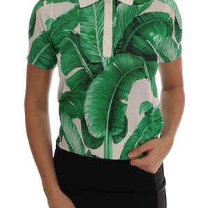 Dolce &amp; Gabbana Green Banana Print Silk Polo T-shirt