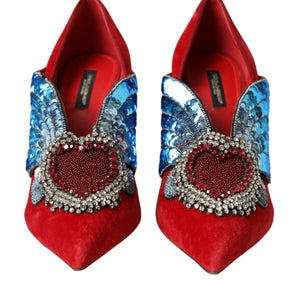 Dolce & Gabbana Red Velvet Sequin Crystal Heels Pumps Shoes