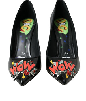 Dolce &amp; Gabbana Black Leather WOW Patch Heels Pumps Shoes