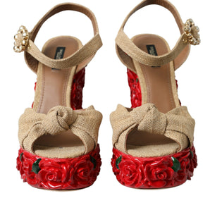 Dolce & Gabbana Red Roses Crystal Platform Sandals Shoes