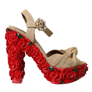 Dolce & Gabbana Red Roses Crystal Platform Sandals Shoes