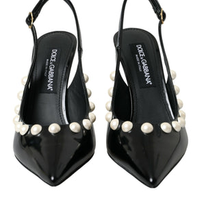 Dolce & Gabbana Black Leather Faux Pearl Heel Slingback Shoes