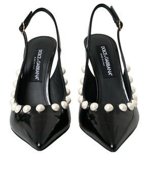 Dolce & Gabbana Black Leather Faux Pearl Heel Slingback Shoes