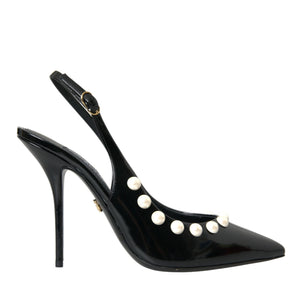 Dolce & Gabbana Black Leather Faux Pearl Heel Slingback Shoes