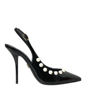 Dolce & Gabbana Black Leather Faux Pearl Heel Slingback Shoes