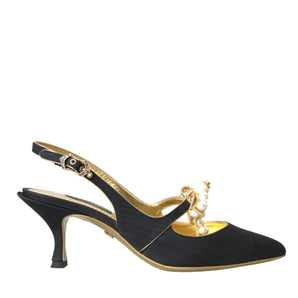 Dolce & Gabbana Black Leather Faux Pearls Slingbacks Shoes