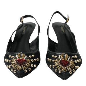 Dolce & Gabbana Black Mesh Embellished Heel Slingbacks Shoes