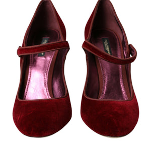 Dolce & Gabbana Red Velvet Gold Crystals Heels Mary Jane Shoes