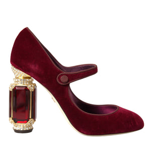 Dolce & Gabbana Red Velvet Gold Crystals Heels Mary Jane Shoes