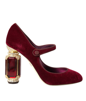 Dolce &amp; Gabbana Zapatos Mary Jane con tacones de cristales dorados y terciopelo rojo