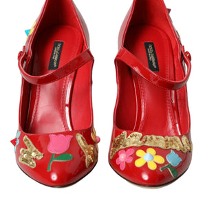 Dolce & Gabbana Red Leather Embellished Mary Jane Pumps Heels Shoes