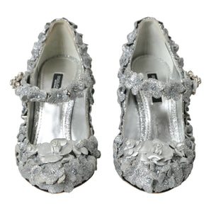 Dolce & Gabbana Silver Floral Crystal Mary Jane Pumps Shoes