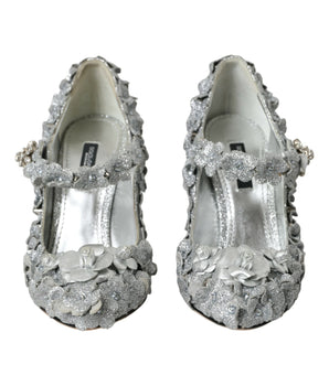 Dolce & Gabbana Silver Floral Crystal Mary Jane Pumps Shoes