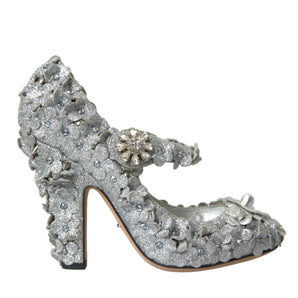 Dolce & Gabbana Silver Floral Crystal Mary Jane Pumps Shoes