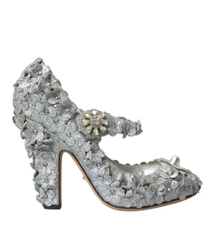 Dolce & Gabbana Silver Floral Crystal Mary Jane Pumps Shoes