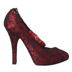 Dolce & Gabbana Red Black Floral Lace Mary Jane Pumps Shoes