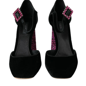 Dolce & Gabbana Black Velvet Strass Crystal Mary Janes Shoes