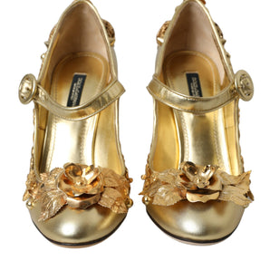 Dolce & Gabbana Gold Leather Crystal Mary Janes Pumps Shoes